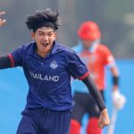 Natpakhan Manowon of Thailand celebrates the wicket of Jay Maheshkumar Mehta captain of Kuwait during the ICC U19 Men's Cricket World Cup Asia Division 2 Qualifier match between Thailand and Kuwait held at the Terdthai Cricket Ground, Bangkok, Thailand on February 27, 2024.
Photo by: Deepak Malik / Creimas
RESTRICTED TO EDITORIAL USE