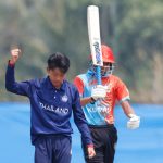Ratthasat Wanitchakham captain of Thailand celebrates the wicket of Mohammad Moeez Gull of Kuwait during the ICC U19 Men's Cricket World Cup Asia Division 2 Qualifier match between Thailand and Kuwait held at the Terdthai Cricket Ground, Bangkok, Thailand on February 27, 2024.
Photo by: Deepak Malik / Creimas
RESTRICTED TO EDITORIAL USE