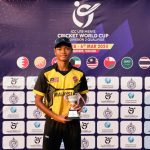 Muhammad Akram Abd Malek of Malaysia receives Player of the Match award during the presentation of the ICC U19 Men's Cricket World Cup Asia Division 2 Qualifier match between Thailand and Malaysia held at the Terdthai Cricket Ground, Bangkok, Thailand on February 29, 2024.
Photo by: Deepak Malik / Creimas
RESTRICTED TO EDITORIAL USE