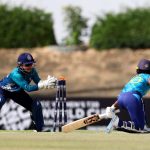 ABU DHABI, UNITED ARAB EMIRATES - APRIL 25: Hansima Karunaratne of Sri Lanka is stumped by Wicket Keeper Nannapat Koncharoenkai of Thailand during the ICC Women's T20 World Cup Qualifier 2024 match between Sri Lanka and Thailand at Tolerance Oval on April 25, 2024 in Abu Dhabi, United Arab Emirates. (Photo by Francois Nel-ICC/ICC via Getty Images) (Photo by Francois Nel-ICC/ICC via Getty Images)