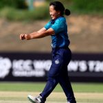 ABU DHABI, UNITED ARAB EMIRATES - APRIL 25: Nattaya Boochatham of Thailand celebrates after dismissing Kavisha Dilhari of Sri Lanka (not pictured) during the ICC Women's T20 World Cup Qualifier 2024 match between Sri Lanka and Thailand at Tolerance Oval on April 25, 2024 in Abu Dhabi, United Arab Emirates. (Photo by Francois Nel-ICC/ICC via Getty Images) (Photo by Francois Nel-ICC/ICC via Getty Images)