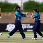 ABU DHABI, UNITED ARAB EMIRATES - APRIL 25: Suleeporn Laomi of Thailand celebrates with teammates after dismissing Kavisha Dilhari of Sri Lanka (not pictured) during the ICC Women's T20 World Cup Qualifier 2024 match between Sri Lanka and Thailand at Tolerance Oval on April 25, 2024 in Abu Dhabi, United Arab Emirates. (Photo by Francois Nel-ICC/ICC via Getty Images) (Photo by Francois Nel-ICC/ICC via Getty Images)