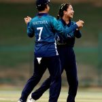 ABU DHABI, UNITED ARAB EMIRATES - MAY 01: Thipatcha Putthawong and Nattaya Boochatham of Thailand celebrate taking the wicket of Ritu Singh of USA (not pictured) during the ICC Women's T20 World Cup Qualifier 2024 match between Thailand and USA at Zayed Cricket Stadium on May 01, 2024 in Abu Dhabi, United Arab Emirates. (Photo by Francois Nel-ICC/ICC via Getty Images)