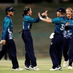 ABU DHABI, UNITED ARAB EMIRATES - MAY 01: Thipatcha Putthawong of Thailand celebrates with teammates after taking the wicket of Ritu Singh of USA (not pictured) during the ICC Women's T20 World Cup Qualifier 2024 match between Thailand and USA at Zayed Cricket Stadium on May 01, 2024 in Abu Dhabi, United Arab Emirates. (Photo by Francois Nel-ICC/ICC via Getty Images)