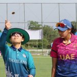 Naruemol Chaiwai of Thailand and Esha Rohit Oza of United Arab Emirates during toss of the Super Three Match 1 of the ICC Women's T20 World Cup Asia Qualifier between Thailand Women and United Arab Emirates Women, held at Terdthai Cricket Ground, Bangkok, on 18 May 2025.
Photo by Anshuman Akash / CREIMAS
RESTRICTED TO EDITORIAL USE